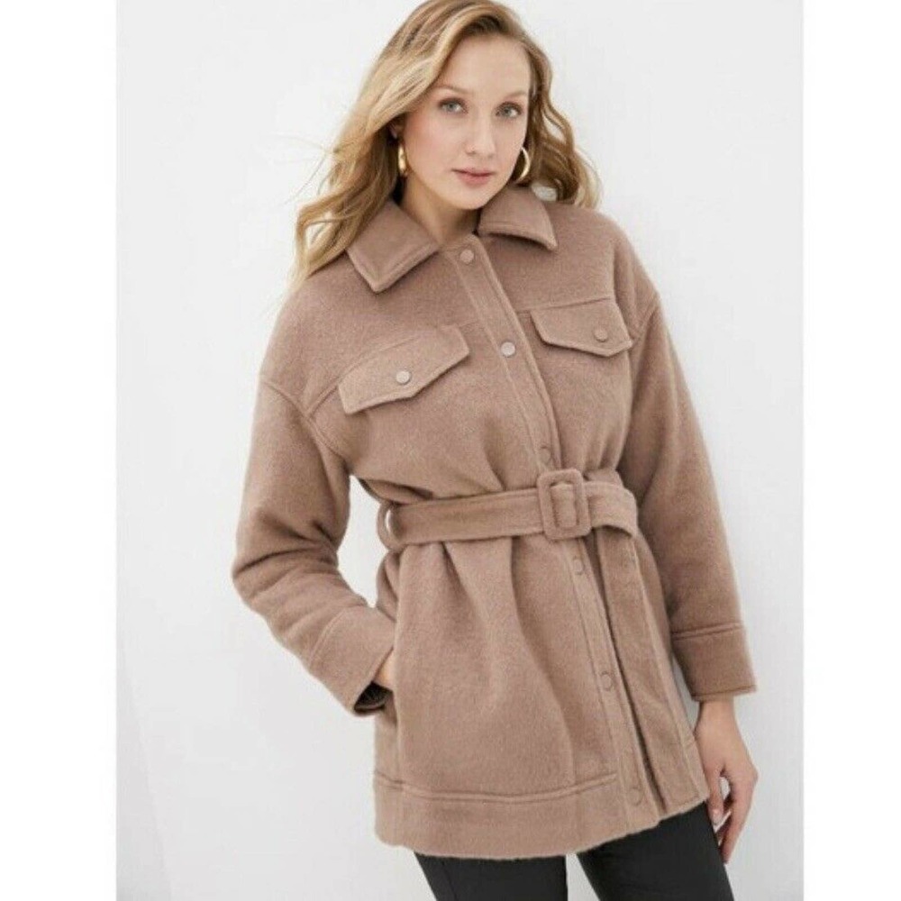 Topshop NWT Women's Tan Snap Button Belted Shacket Coat 12